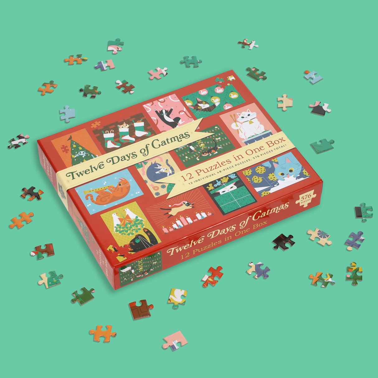 Celebrate the warmth, love, and cheer of the holiday season with 12 unique Christmas cat puzzles, all in one box!

Each puzzle can be completed solo or divided amongst friends and family! Just in time for the holidays, these 12 illustrated cat puzzles are perfect for families and friends looking for an activity to do together.&nbsp;

Something for Everyone: With 12 puzzles in a box with 576 pieces, there are enough for everyone! Whether you just want your own puzzle or you want to compete, these are great f