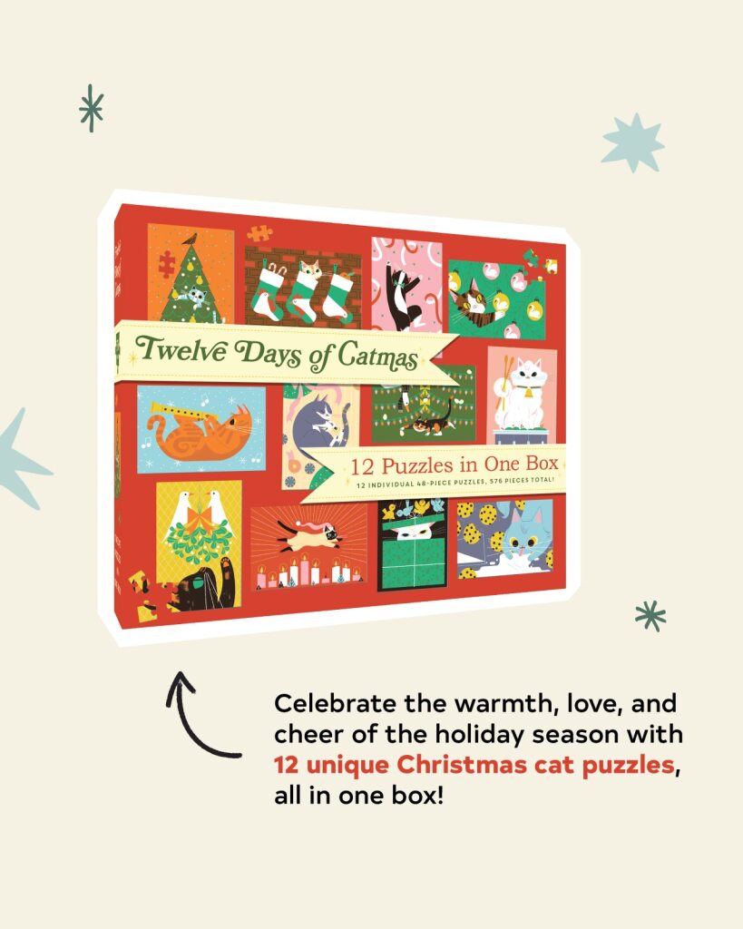 Celebrate the warmth, love, and cheer of the holiday season with 12 unique Christmas cat puzzles, all in one box!

Each puzzle can be completed solo or divided amongst friends and family! Just in time for the holidays, these 12 illustrated cat puzzles are perfect for families and friends looking for an activity to do together.&nbsp;

Something for Everyone: With 12 puzzles in a box with 576 pieces, there are enough for everyone! Whether you just want your own puzzle or you want to compete, these are great f