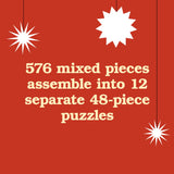 Celebrate the warmth, love, and cheer of the holiday season with 12 unique Christmas cat puzzles, all in one box!

Each puzzle can be completed solo or divided amongst friends and family! Just in time for the holidays, these 12 illustrated cat puzzles are perfect for families and friends looking for an activity to do together.&nbsp;

Something for Everyone: With 12 puzzles in a box with 576 pieces, there are enough for everyone! Whether you just want your own puzzle or you want to compete, these are great f
