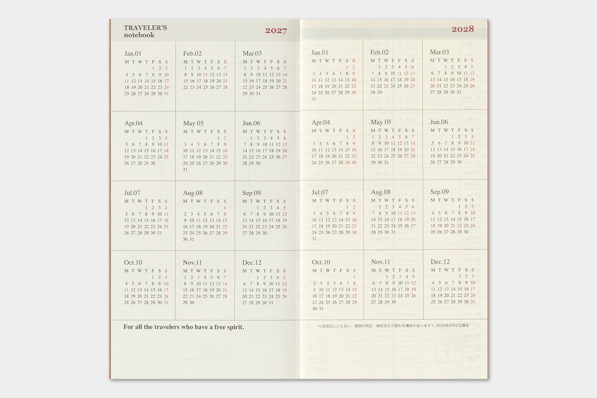 TRAVELER'S notebook 2027 Weekly + Memo Diary (Regular Size)

Welcome the upcoming year in high spirits with TRAVELER'S notebook 2027 Diary lineup where each notebook becomes unique by adding your personal flare!