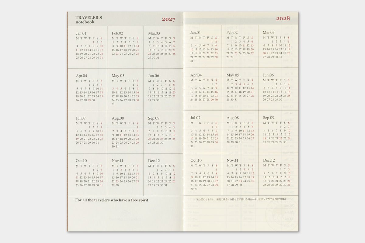 TRAVELER'S notebook 2027 Weekly Vertical Diary (Regular Size)

Welcome the upcoming year in high spirits with TRAVELER'S notebook 2027 Diary lineup where each notebook becomes unique by adding your personal flare!