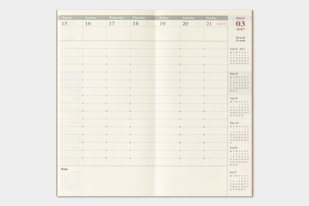 TRAVELER'S notebook 2027 Weekly Vertical Diary (Regular Size)

Welcome the upcoming year in high spirits with TRAVELER'S notebook 2027 Diary lineup where each notebook becomes unique by adding your personal flare!