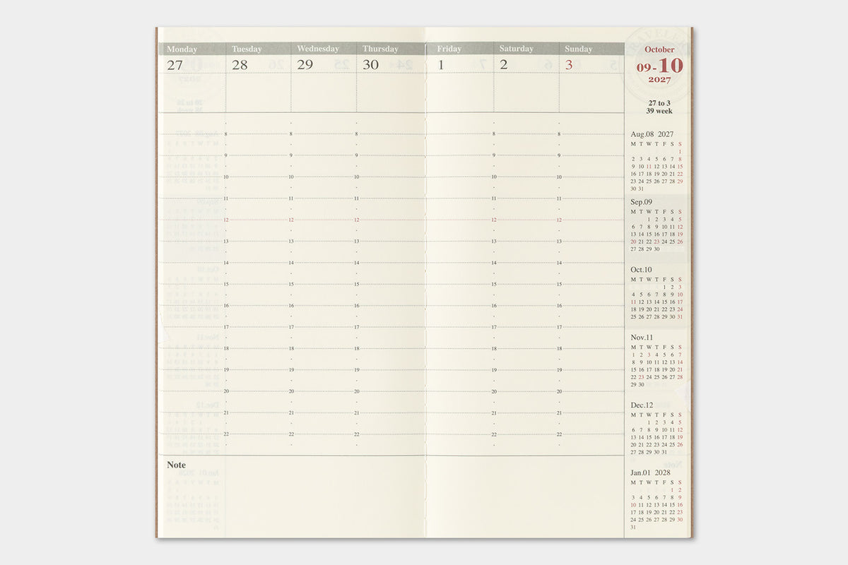 TRAVELER'S notebook 2027 Weekly Vertical Diary (Regular Size)

Welcome the upcoming year in high spirits with TRAVELER'S notebook 2027 Diary lineup where each notebook becomes unique by adding your personal flare!