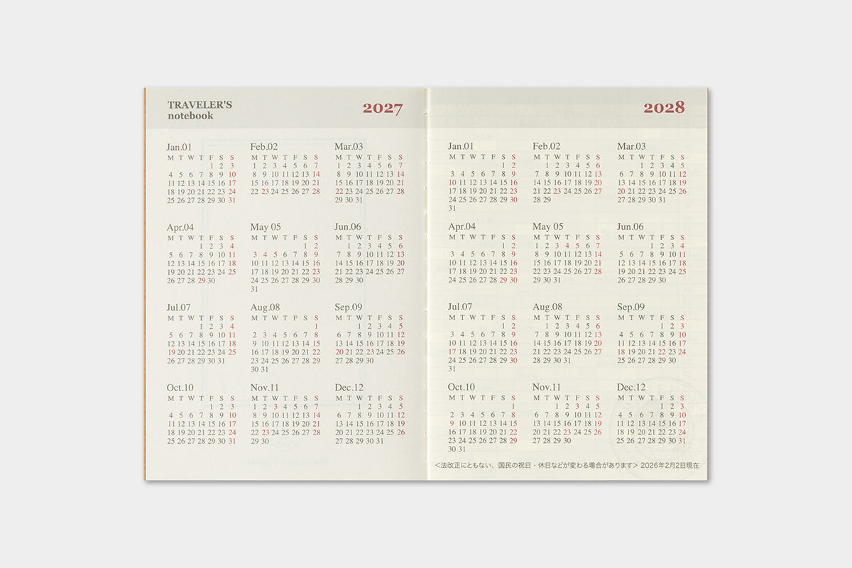 TRAVELER'S notebook 2027 Monthly Diary (Passport Size)

Welcome the upcoming year in high spirits with TRAVELER'S notebook 2027 Diary lineup where each notebook becomes unique by adding your personal flare!