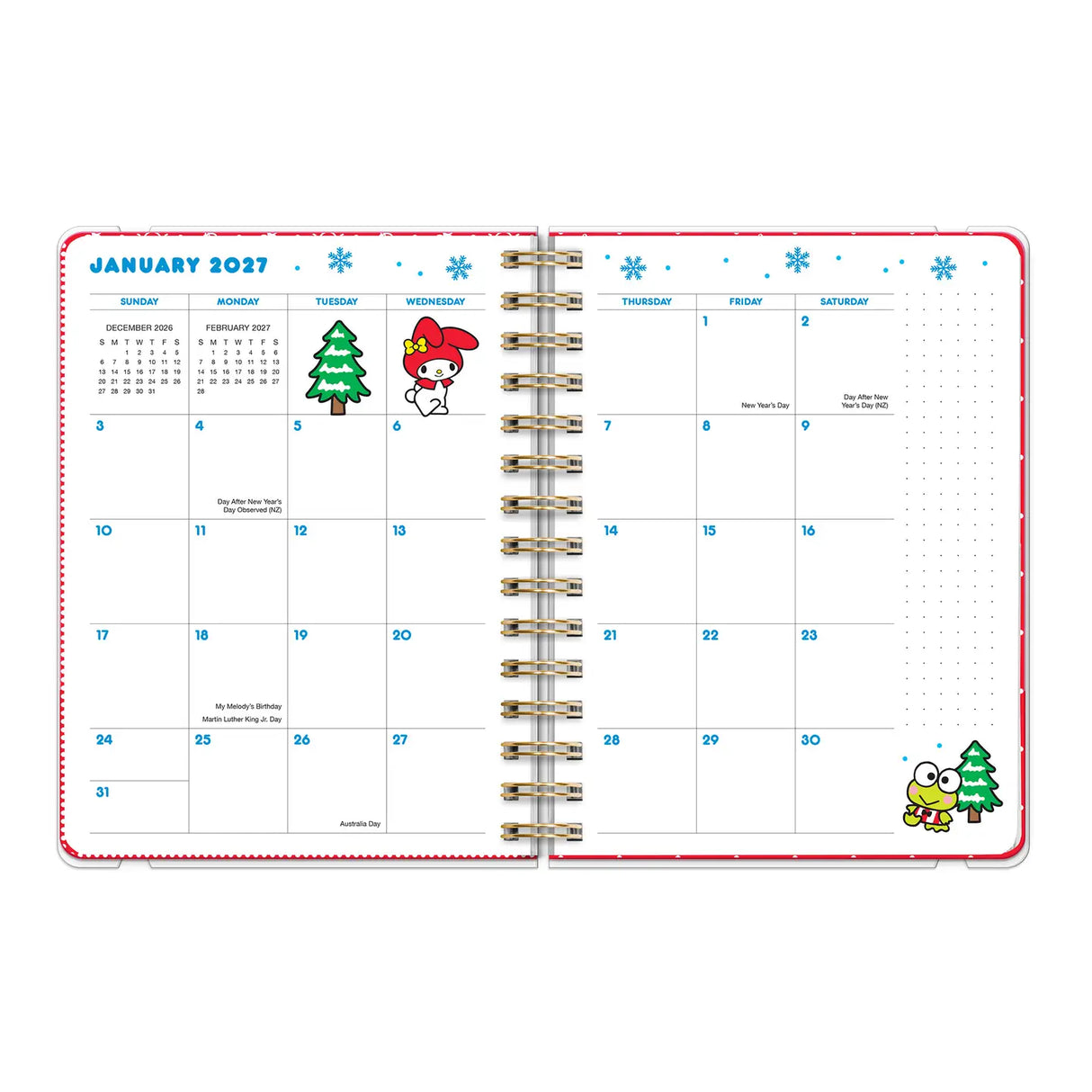 
Petite in size but big on Sanrio® charm, this 17-month planner (Aug. 2026–Dec. 2027) offers monthly and weekly views with plenty of space to capture plans and important dates. Full-color artwork, extra notes pages, and a secure elastic band closure make this a must-have all-in-one organizing tool!

• 7.5"w × 8.5"h 
• 17 months (Aug. 2026–Dec. 2027) 
• 160 pages; 100 gsm acid-free FSC®-certified paper 
• Softcover; Twin-ring wire-o binding 

© 2026 SANRIO CO., LTD. Used Under License.