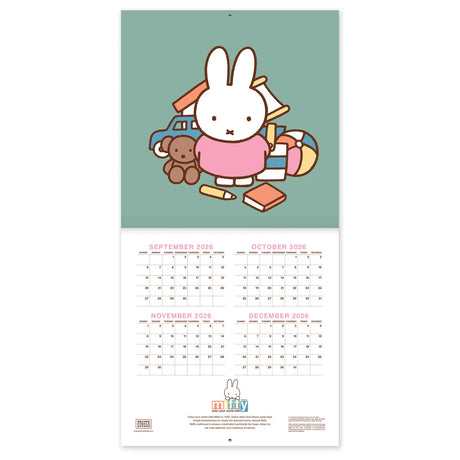 Miffy makes every season sweeter! This classic 12" × 12" Wall Calendar brings Miffy’s adventurous spirit to your home or workspace all year long. From breezy autumn bike rides to sunny springtime gardening, each month showcases Miffy and friends in soft pastel scenes that capture the magic of everyday moments—plus roomy calendar grids with plenty of room to jot down plans, reminders, and special occasions.

• 12"w x 12"h closed 
• 12 months (Jan.–Dec. 2027) 
• 13 pages; 150 gsm acid-free, FSC®-certified pap
