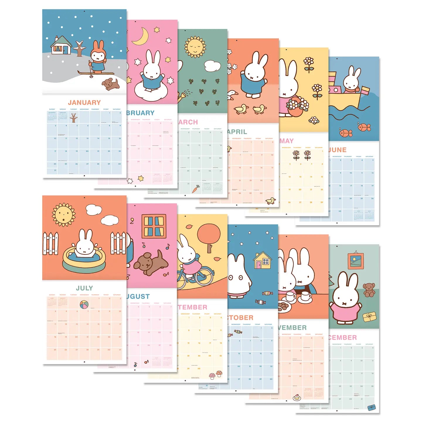 Miffy makes every season sweeter! This classic 12" × 12" Wall Calendar brings Miffy’s adventurous spirit to your home or workspace all year long. From breezy autumn bike rides to sunny springtime gardening, each month showcases Miffy and friends in soft pastel scenes that capture the magic of everyday moments—plus roomy calendar grids with plenty of room to jot down plans, reminders, and special occasions.

• 12"w x 12"h closed 
• 12 months (Jan.–Dec. 2027) 
• 13 pages; 150 gsm acid-free, FSC®-certified pap