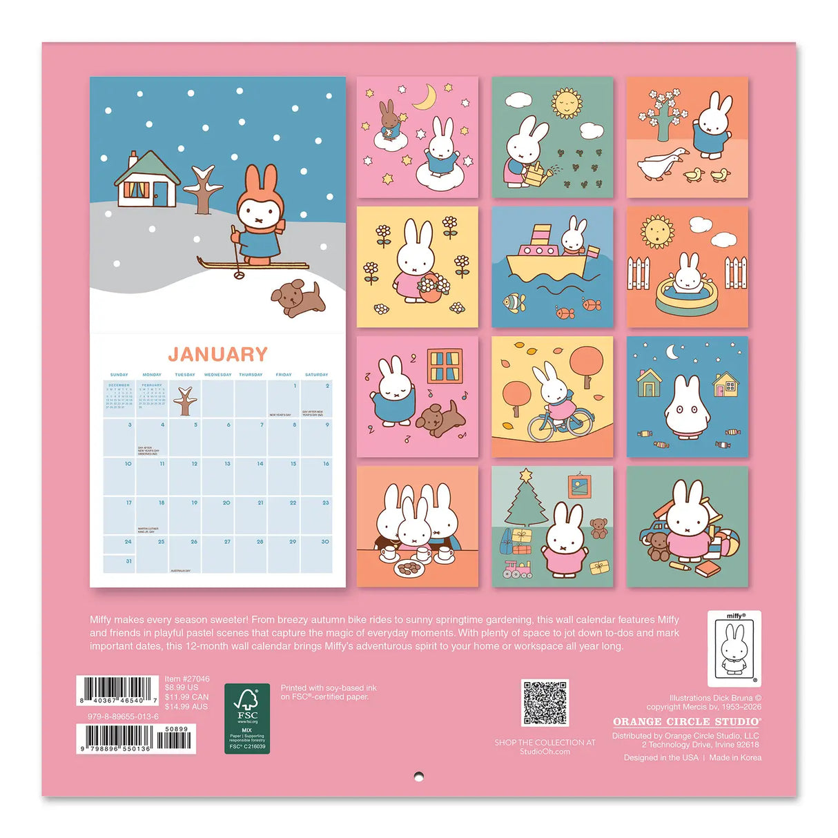 Miffy makes every season sweeter! This perfectly sized 7" × 7" Wall Calendar brings Miffy’s adventurous spirit to your home or workspace all year. From breezy autumn bike rides to sunny springtime gardening, each month showcases Miffy and friends in soft pastel scenes that capture the magic of everyday moments—plus roomy calendar grids with space to jot down plans, reminders, and special occasions.

• 7"w x 7"h closed 
• 12 months (Jan.–Dec. 2027) 
• 13 pages; 150 gsm acid-free, FSC®-certified paper 
• Sadd