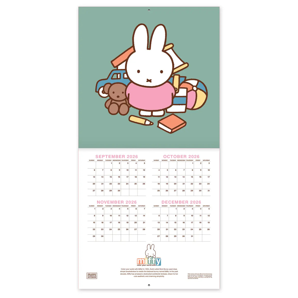 Miffy makes every season sweeter! This perfectly sized 7" × 7" Wall Calendar brings Miffy’s adventurous spirit to your home or workspace all year. From breezy autumn bike rides to sunny springtime gardening, each month showcases Miffy and friends in soft pastel scenes that capture the magic of everyday moments—plus roomy calendar grids with space to jot down plans, reminders, and special occasions.

• 7"w x 7"h closed 
• 12 months (Jan.–Dec. 2027) 
• 13 pages; 150 gsm acid-free, FSC®-certified paper 
• Sadd