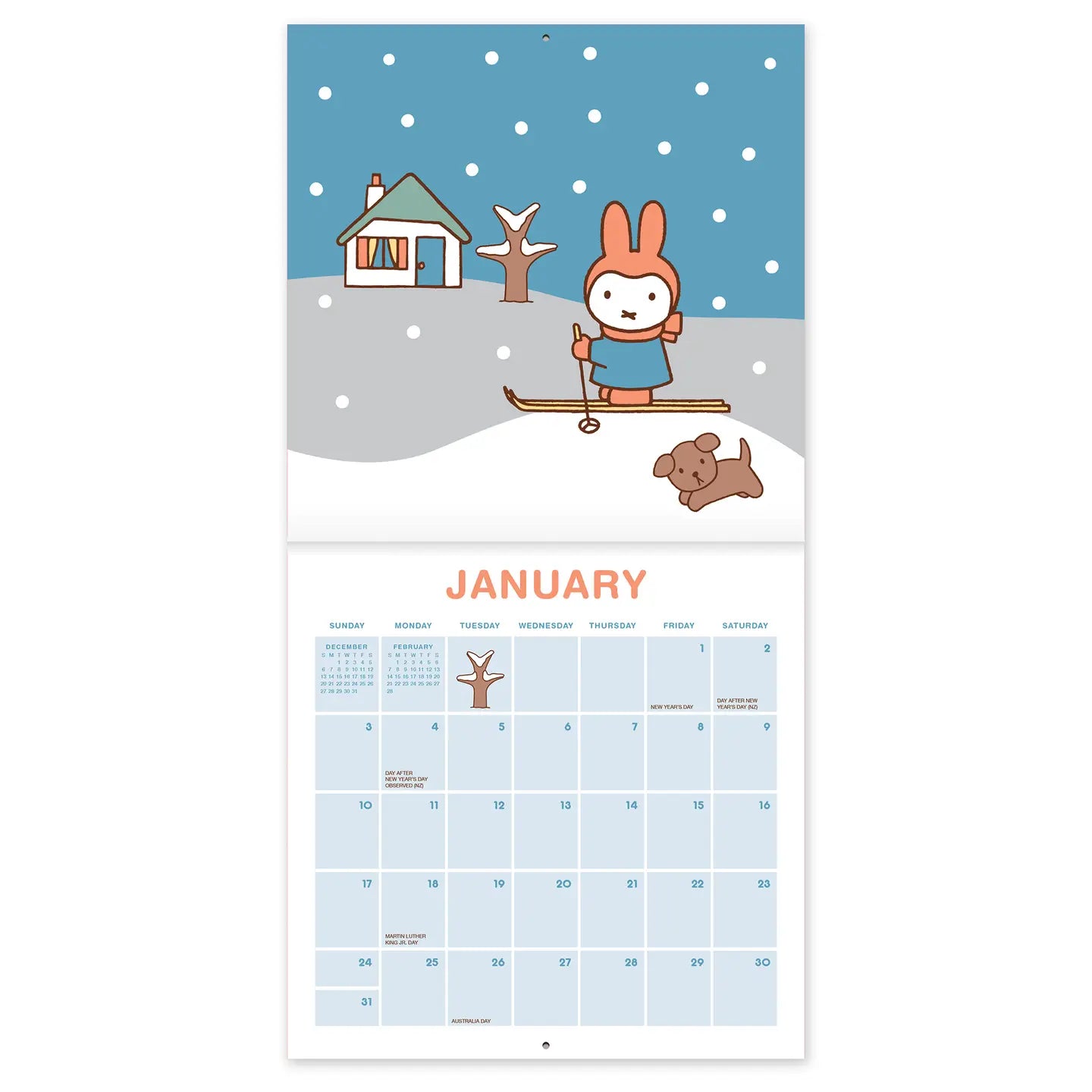 Miffy makes every season sweeter! This perfectly sized 7" × 7" Wall Calendar brings Miffy’s adventurous spirit to your home or workspace all year. From breezy autumn bike rides to sunny springtime gardening, each month showcases Miffy and friends in soft pastel scenes that capture the magic of everyday moments—plus roomy calendar grids with space to jot down plans, reminders, and special occasions.

• 7"w x 7"h closed 
• 12 months (Jan.–Dec. 2027) 
• 13 pages; 150 gsm acid-free, FSC®-certified paper 
• Sadd