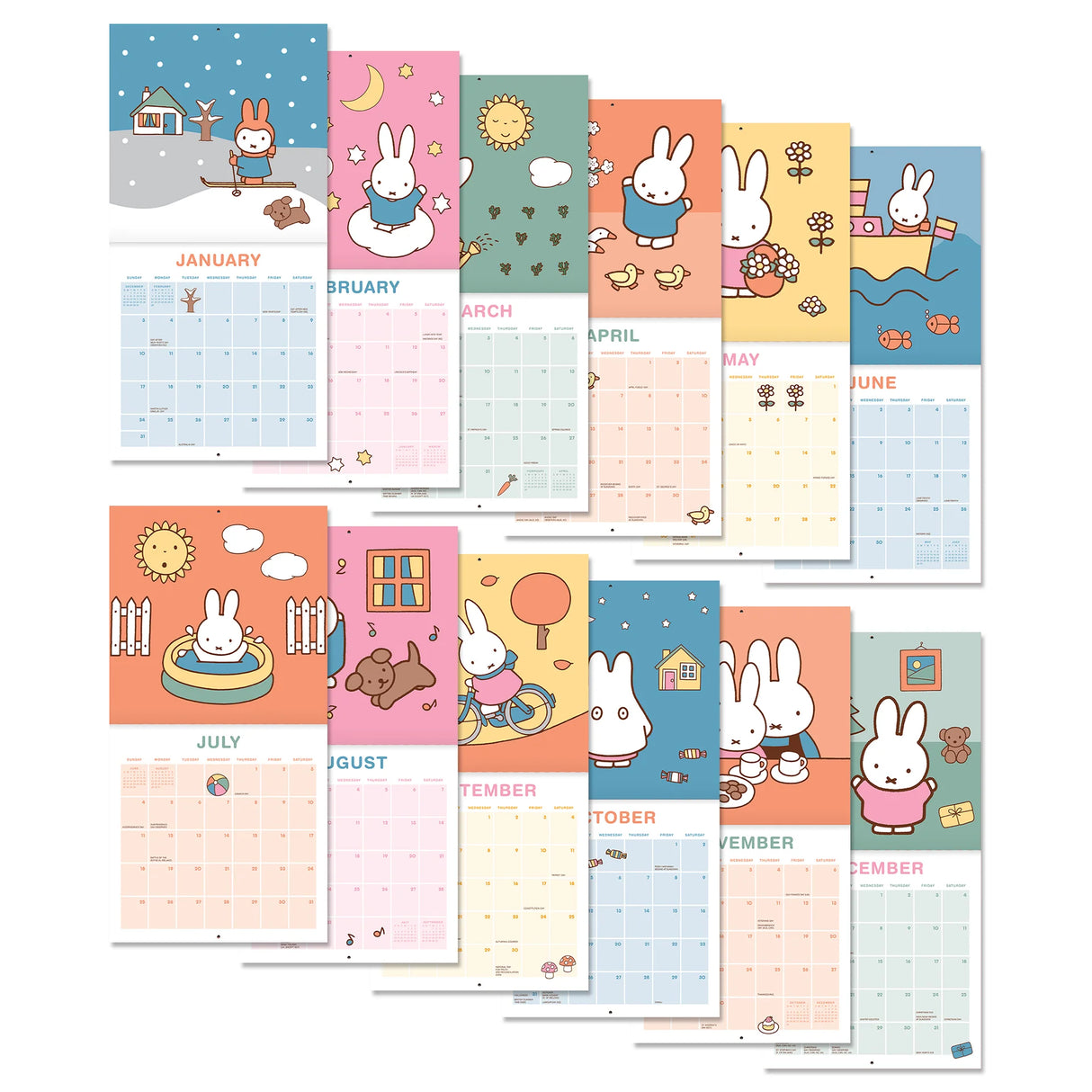 Miffy makes every season sweeter! This perfectly sized 7" × 7" Wall Calendar brings Miffy’s adventurous spirit to your home or workspace all year. From breezy autumn bike rides to sunny springtime gardening, each month showcases Miffy and friends in soft pastel scenes that capture the magic of everyday moments—plus roomy calendar grids with space to jot down plans, reminders, and special occasions.

• 7"w x 7"h closed 
• 12 months (Jan.–Dec. 2027) 
• 13 pages; 150 gsm acid-free, FSC®-certified paper 
• Sadd