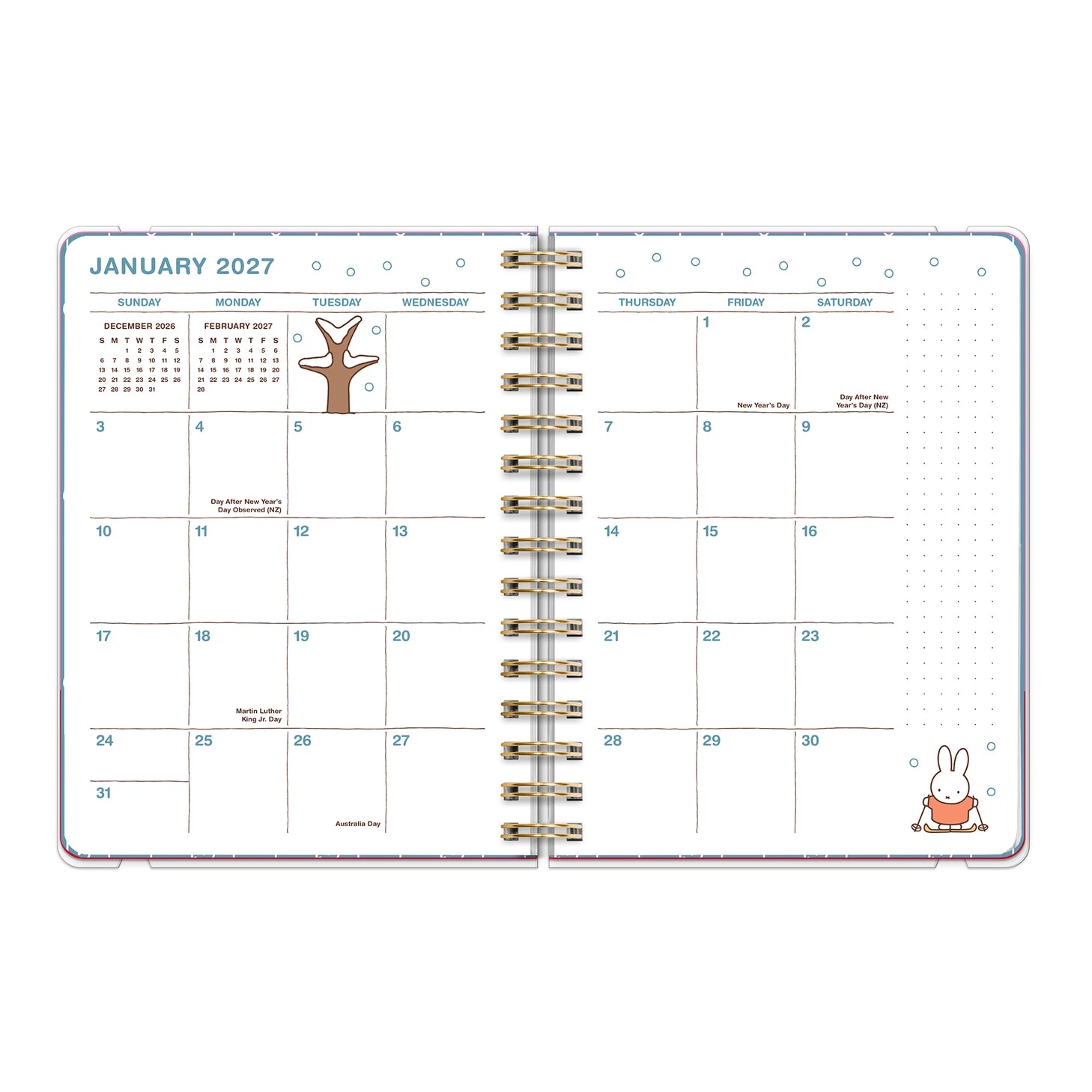 Whether you're jotting down big dreams or small reminders, Miffy is here to keep you inspired all year. This petite 17-month planner (Aug. 2026–Dec. 2027) offers convenient monthly and weekly planning pages with plenty of space to capture important dates and to-dos. Full-color artwork, extra notes pages, and a secure elastic closure make this a must-have all-in-one organizing tool!

• 5.7"w × 7.6"h 
• 17 months (Aug. 2026–Dec. 2027) 
• 128 pages; 100 gsm acid-free FSC®-certified paper 
• Softcover; Twin-rin