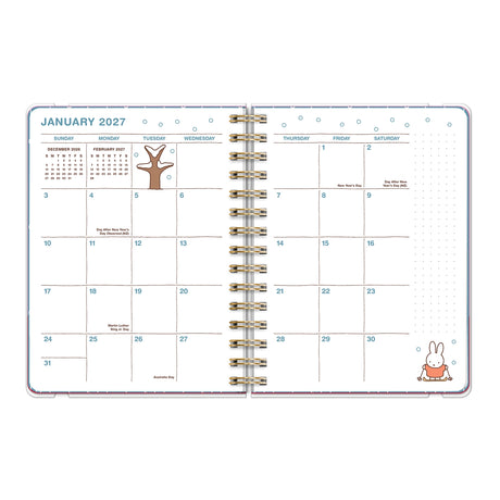 Whether you're jotting down big dreams or small reminders, Miffy is here to keep you inspired all year. This petite 17-month planner (Aug. 2026–Dec. 2027) offers convenient monthly and weekly planning pages with plenty of space to capture important dates and to-dos. Full-color artwork, extra notes pages, and a secure elastic closure make this a must-have all-in-one organizing tool!

• 5.7"w × 7.6"h 
• 17 months (Aug. 2026–Dec. 2027) 
• 128 pages; 100 gsm acid-free FSC®-certified paper 
• Softcover; Twin-rin