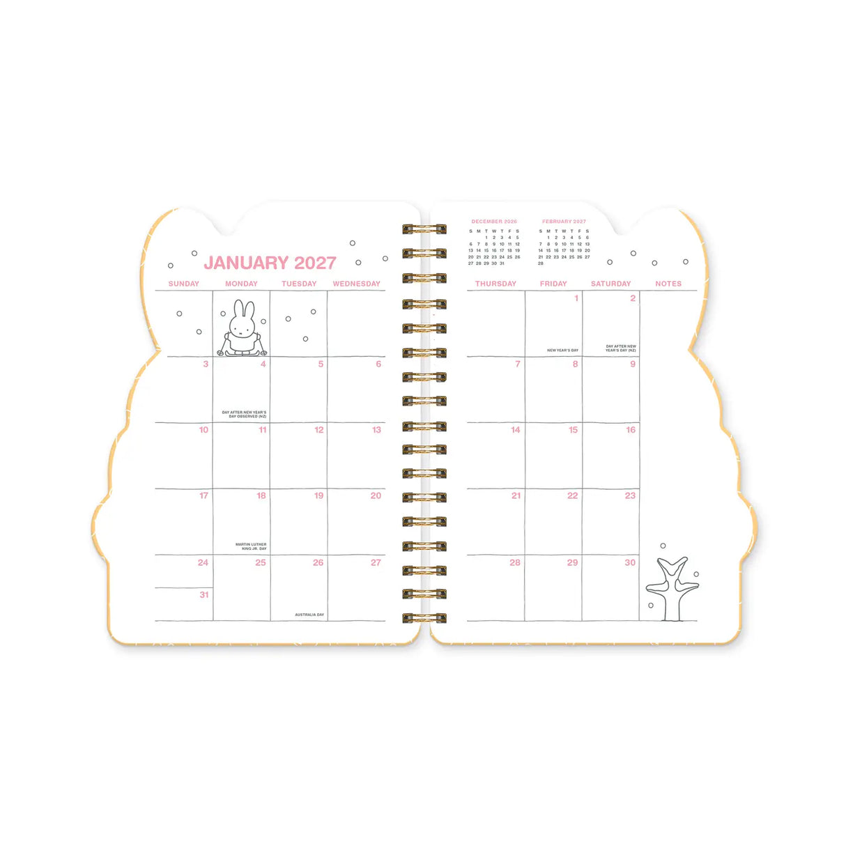 Every day's a little brighter with Miffy by your side! This 17-month planner (Aug. 2026–Dec. 2027) features weekly planning pages filled with adorable Miffy artwork, plus extra notes pages, a two-year reference calendar, and a holiday list—everything you need to stay organized and inspired all year. 

• 7.5"w × 8.5"h 
• 17 months (Aug. 2026–Dec. 2027) 
• 160 pages; 100 gsm acid-free FSC®-certified paper 
• Softcover; Twin-ring wire-o binding 

© Mercis bv