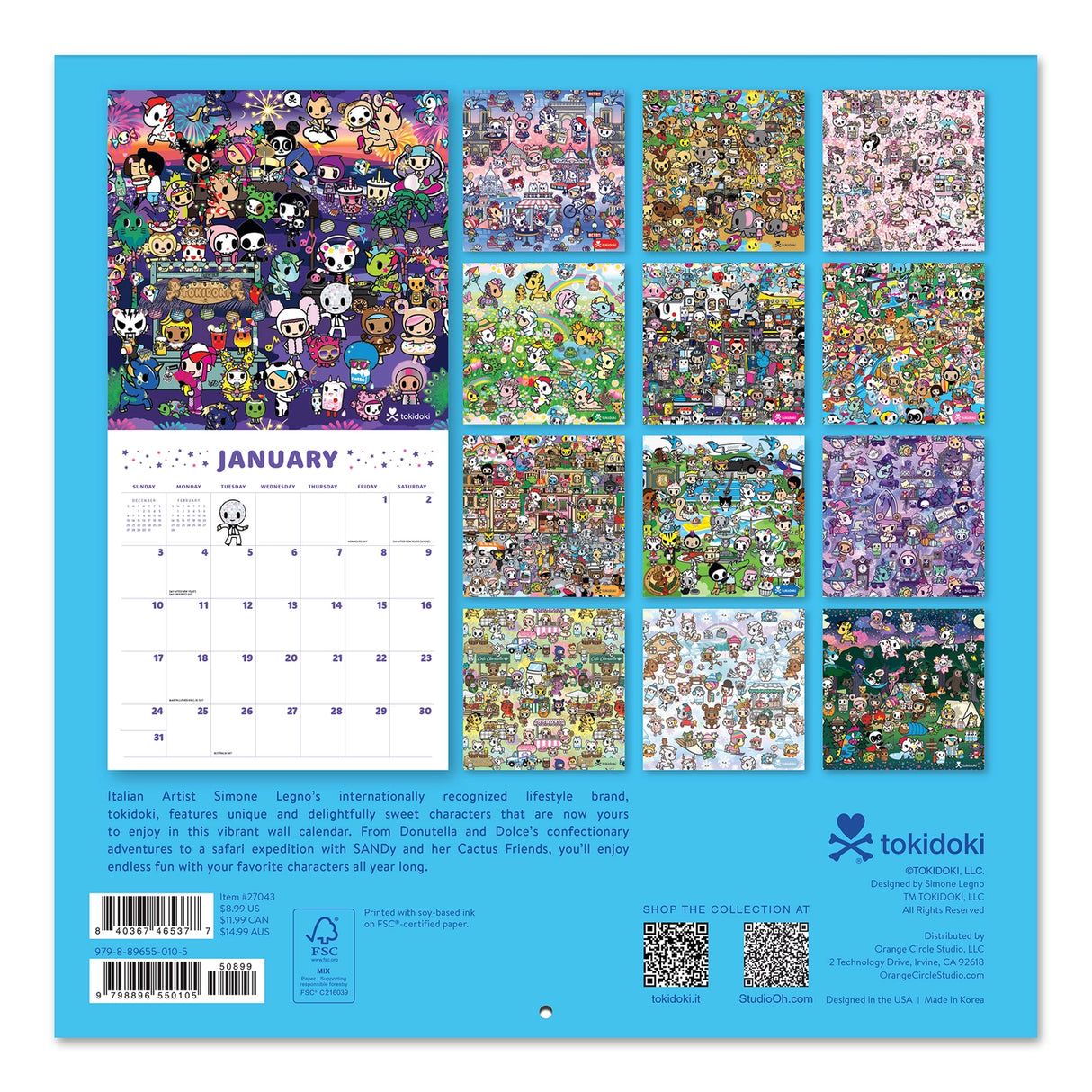 Adventure through the year with the iconic tokidoki™ crew! This 7" × 7" Wall Calendar (Jan.–Dec. 2027) is not too big or too small—it's just the right size to help keep your days on track while doubling as adorable wall art that brightens every space.

• 7"w x 7"h closed 
• 12 months (Jan.–Dec. 2027) 
• 13 pages; 150 gsm acid-free, FSC®-certified paper 
• Saddle-stitch binding