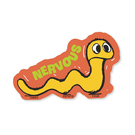 3P4 - Nervous Worm Vinyl Sticker

An original sticker made by Three Potato Four depicting a nervous worm. Perfect for decorating your journals, planners, water bottles, laptops or even as a gift!
