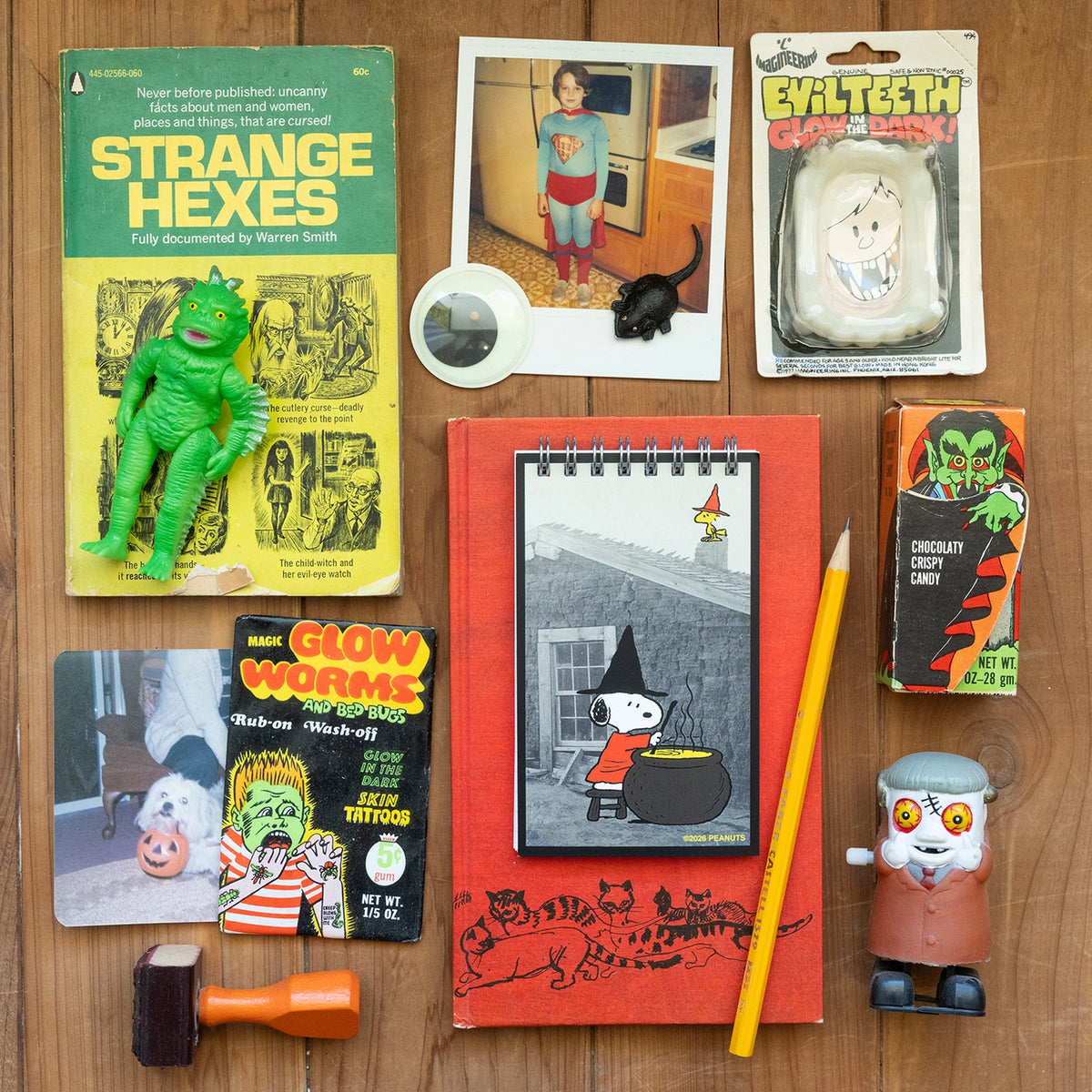 Inspired by the unforgettable look of 1970s dime store Halloween novelties, our Snoopy Halloween Collection celebrates the season through vintage packaging, classic Peanuts characters, and all the nostalgic charm of Halloween