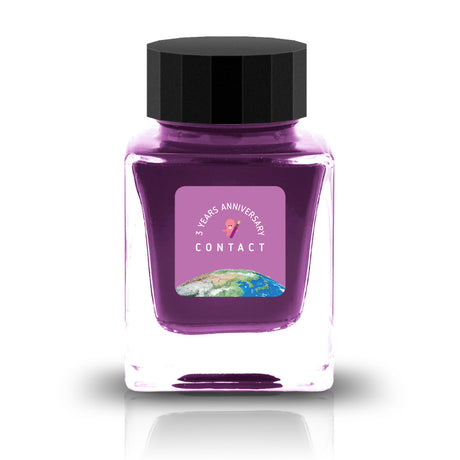 The Three-Year Anniversary Contact Collection features rich, vibrant colors with a smooth writing experience and fascinating characteristics such as shimmer and scent. The “Super” inks contain iridescent shimmer particles that shift color with the light, while the scented inks add a sensory twist to your writing. Please note that scented inks may feather when a large amount is applied—using fountain pen–friendly paper is recommended for the best results.