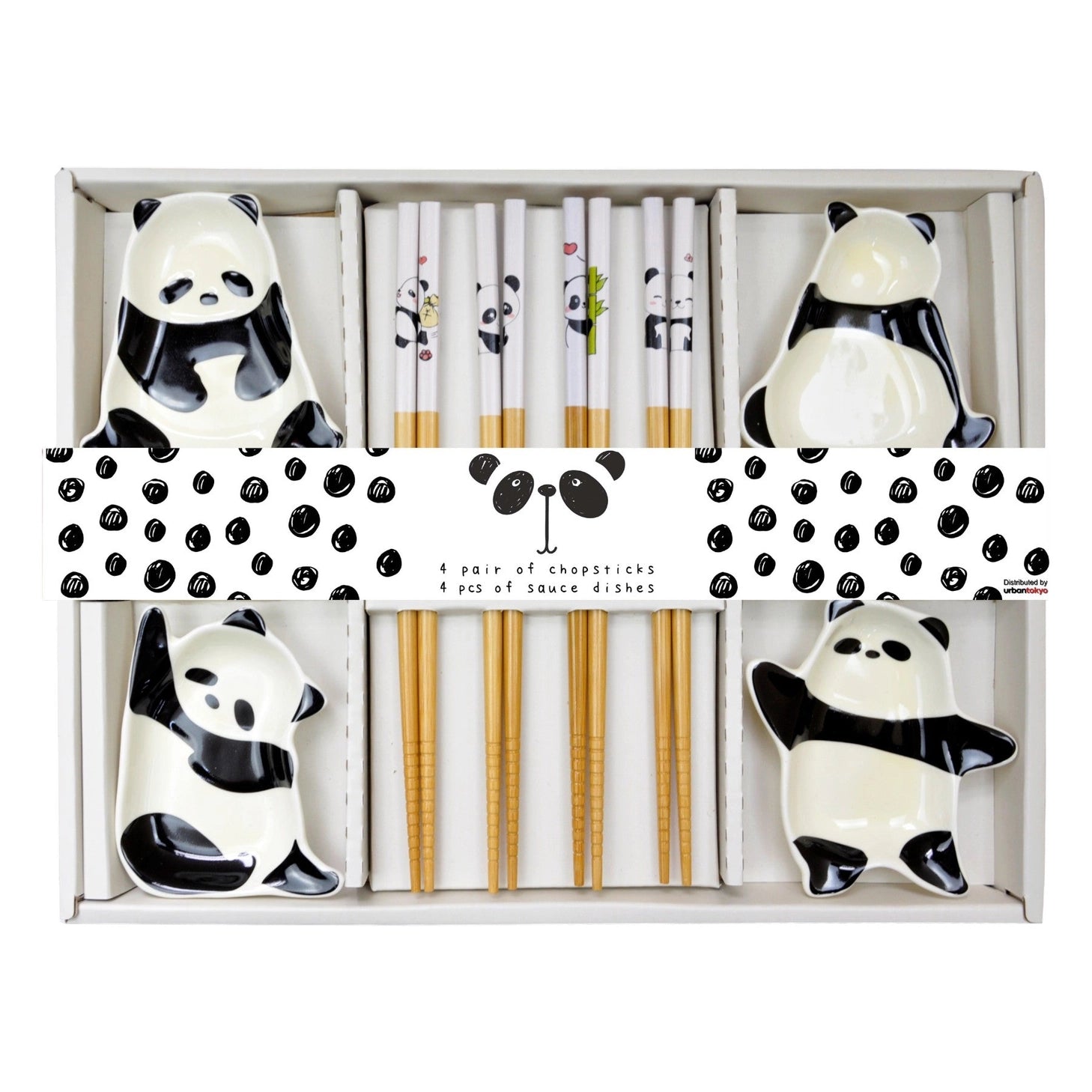 This adorable box set includes 4 sets of chopsticks and sauce dishes.

Size: 9 inch chopsticks, 3 inch L sauce dish
Material: Bamboo and Ceramic
Origin: China