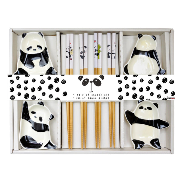 This adorable box set includes 4 sets of chopsticks and sauce dishes.

Size: 9 inch chopsticks, 3 inch L sauce dish
Material: Bamboo and Ceramic
Origin: China