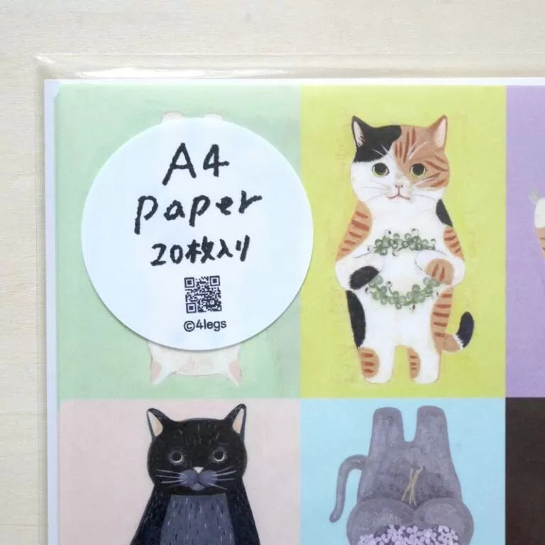 4legs A4 Paper - Cats in Picture Books No.1

Featuring charming watercolor of different cats from Japanese illustrator 4legs.

This A4 sized paper set includes 20 sheets of paper with the same design featuring over 12 different cat drawings. Perfect to use as wrapping paper,&nbsp;making small bags, or using it as a book cover.

Contents: 20 sheets
Size: A4 size (210×297mm)
Paper type/thickness: About the thickness of copy paper