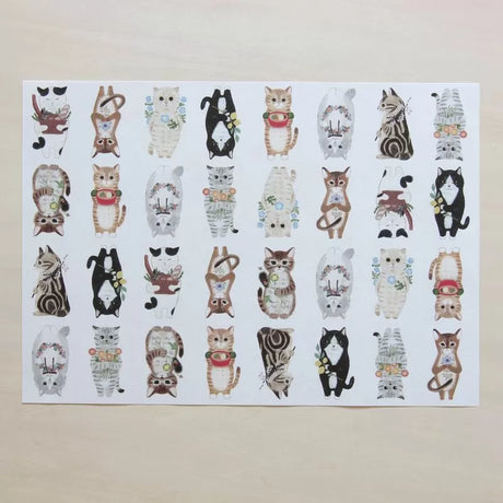 Featuring charming watercolor of different cats from Japanese illustrator 4legs.

This A4 sized paper set includes 20 sheets of paper with the same design featuring over 12 different cat drawings. Perfect to use as wrapping paper,&nbsp;making small bags, or using it as a book cover.

Contents: 20 sheets
Size: A4 size (210×297mm)
Paper type/thickness: About the thickness of copy paper