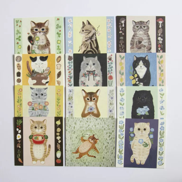 Featuring charming watercolor of cats with flowers and plants from Japanese illustrator 4legs

It is a convenient size that is not too big or too small.&nbsp;Please use it&nbsp;as a communication tool for small thank you and announcements.&nbsp;There are no lines on the front side, so&nbsp;you can use it freely as&nbsp;a shop card or business card&nbsp;with stamps and stickers&nbsp;as well as memos and letters.&nbsp;It is a great gift for people who like paper.&nbsp;The gorgeous and gentle designs&nbsp;will