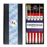 This set includes 5 sets of chopsticks inside a gift box.&nbsp;

Material: Bamboo&nbsp;
Size: 9"L
Origin: China