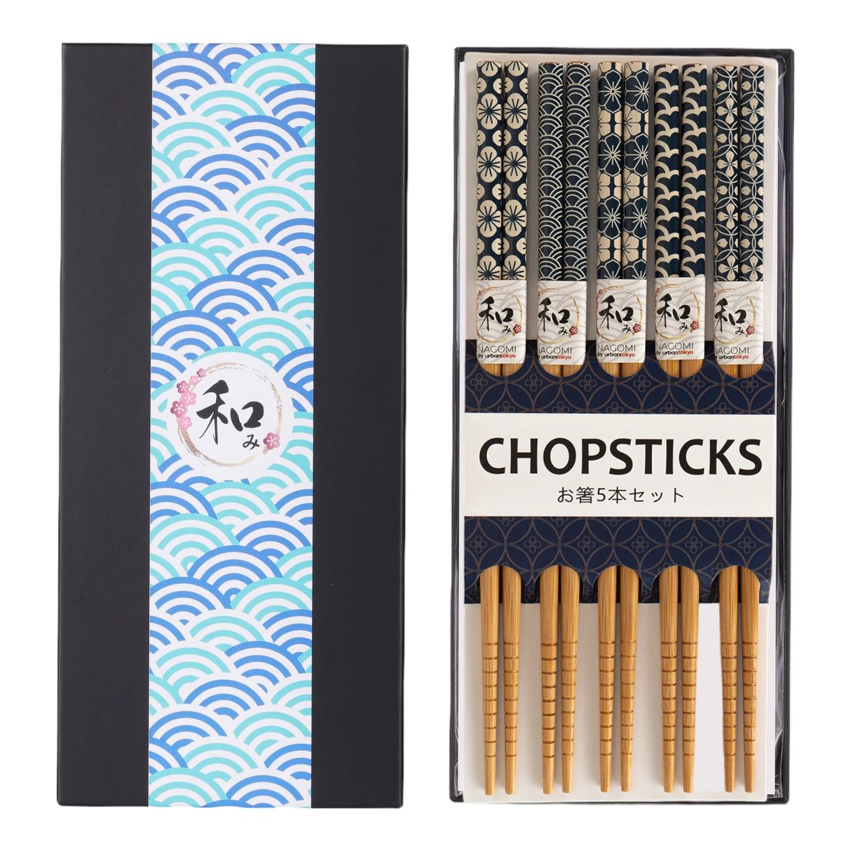 This set includes 5 sets of chopsticks inside a gift box.&nbsp;

Material: Bamboo&nbsp;
Size: 9"L
Origin: China