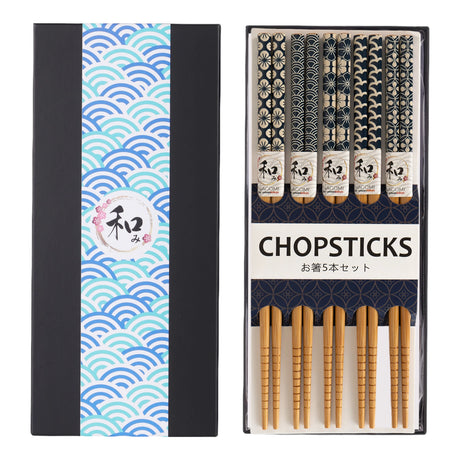 This set includes 5 sets of chopsticks inside a gift box.&nbsp;

Material: Bamboo&nbsp;
Size: 9"L
Origin: China