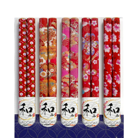 This set includes 5 sets of chopsticks with a red floral pattern inside a gift box.&nbsp;

Material: Bamboo&nbsp;
Size: 9"L
Origin: China