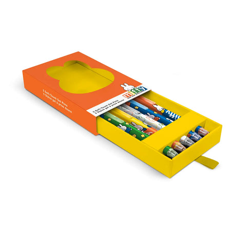 Brighten up your desk and let your creativity flow with this adorable Soft-Touch Gel Pen Set! Packed with five smooth-writing, multicolor gel pens, each one features sweet Miffy artwork and a soft-touch coating for an extra comfy grip. The pens come in a charming die-cut box with a slide-out tray and a playful ribbon pull, complete with a Miffy-shaped cutout for an irresistibly cute display. Whether you're jotting notes, doodling, or gifting to a friend, this set adds a splash of fun and color to every page
