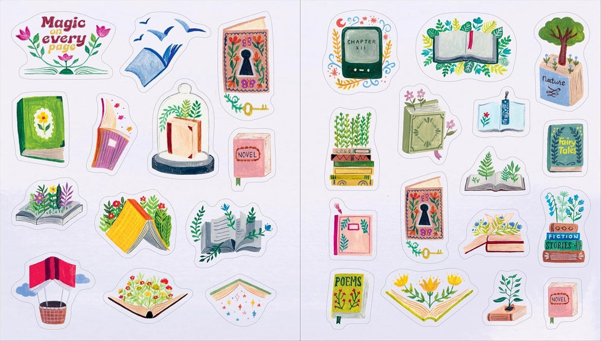 A collection of 400+ beautifully illustrated stickers that will delight bookworms.

Celebrate the joy of reading with this special collection of 500+ book-themed stickers, each one a tiny treasure and visual ode to the transformative power of books. The stickers within are thoughtfully hand-painted and designed to speak right to a book lovers heart: There are cozy shelves overflowing with carefully stacked books and potted plants; quaint bookstore facades that beckon readers inside with their artful and abu