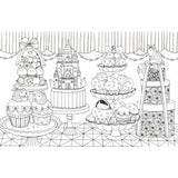 Black and white illustration of various cakes and a castle on a geometric patterned background