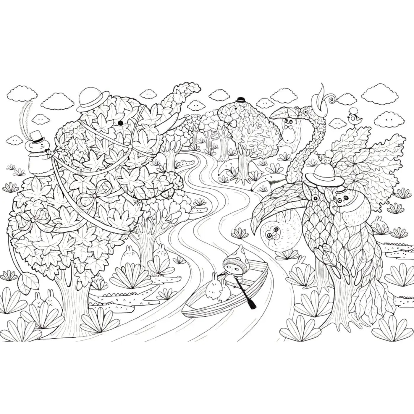 Coloring page with a boat journey through a forest and river landscape.