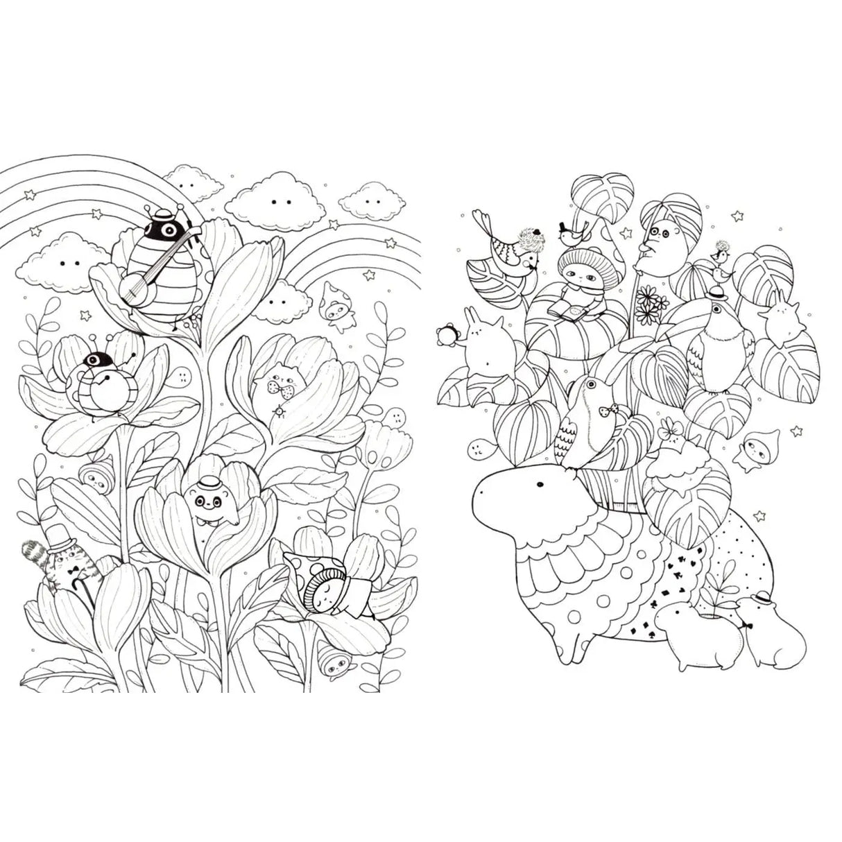 Coloring page with cartoon characters and nature elements on a white background