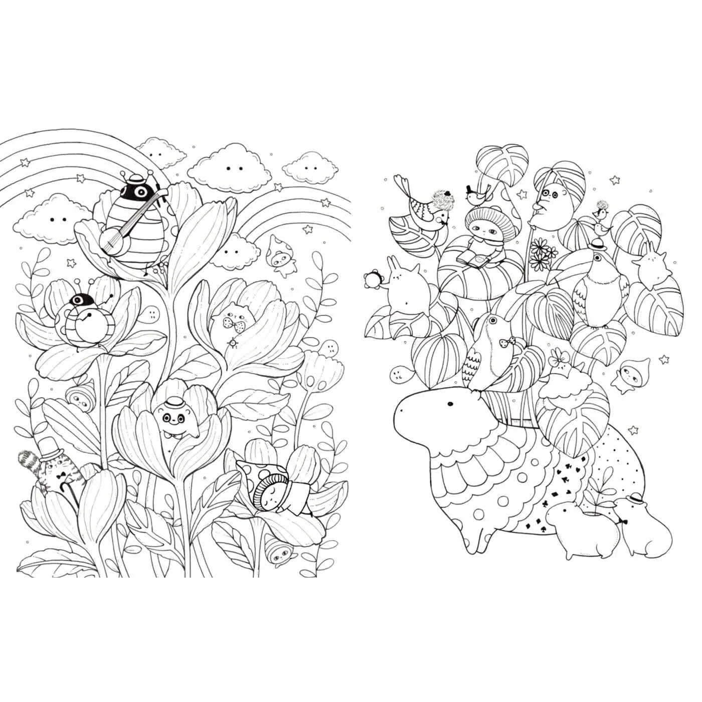 Coloring page with cartoon characters and nature elements on a white background