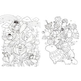 Coloring page with cartoon characters and nature elements on a white background