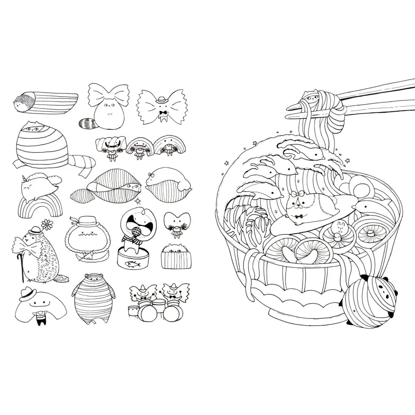 Illustrations of cartoon characters and a basket with food on a white background