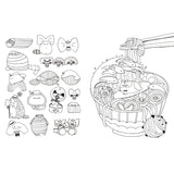 Illustrations of cartoon characters and a basket with food on a white background