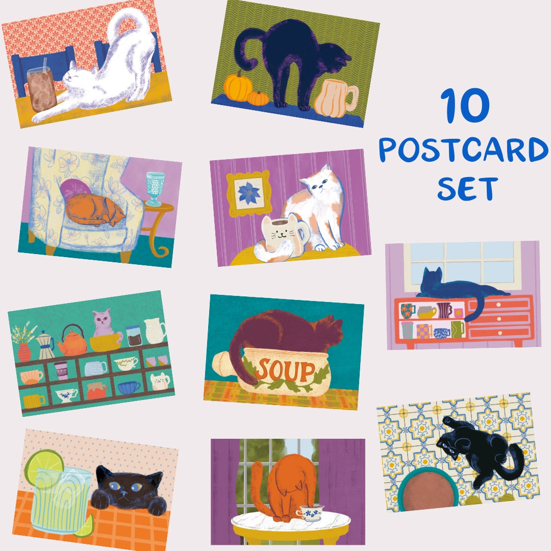 AddPeace Studio - Cats &amp; Cups Postcard Pack

A charming illustrated postcard set for cat lovers, homebodies, and anyone craving a little analog joy. This Cats &amp; Cups postcard pack celebrates quiet moments, warm drinks, and the simple pleasure of sending real mail. Designed for the current resurgence of snail mail, pen pals, and intentional connection, these postcards make it easy (and fun) to go offline on purpose.

Each set includes ten unique 4x6 postcards featuring original Cats &amp; Cups illust