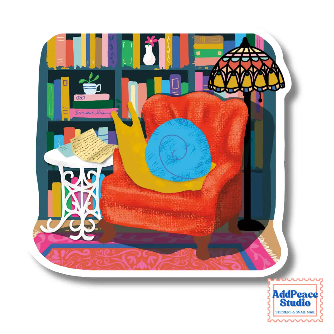 AddPeace Studio - Reading Snail Vinyl Sticker

This illustrated sticker features a snail settled into a wingback chair, surrounded by shelves of books and warm lamplight, completely lost in a letter. It captures that quiet, immersive feeling of disappearing into the analog world and not wanting to come back.

Details:


Size: 2.5"
Material: Waterproof, scratch-resistant matte vinyl

Made in USA, original artwork by AddPeace Studio
