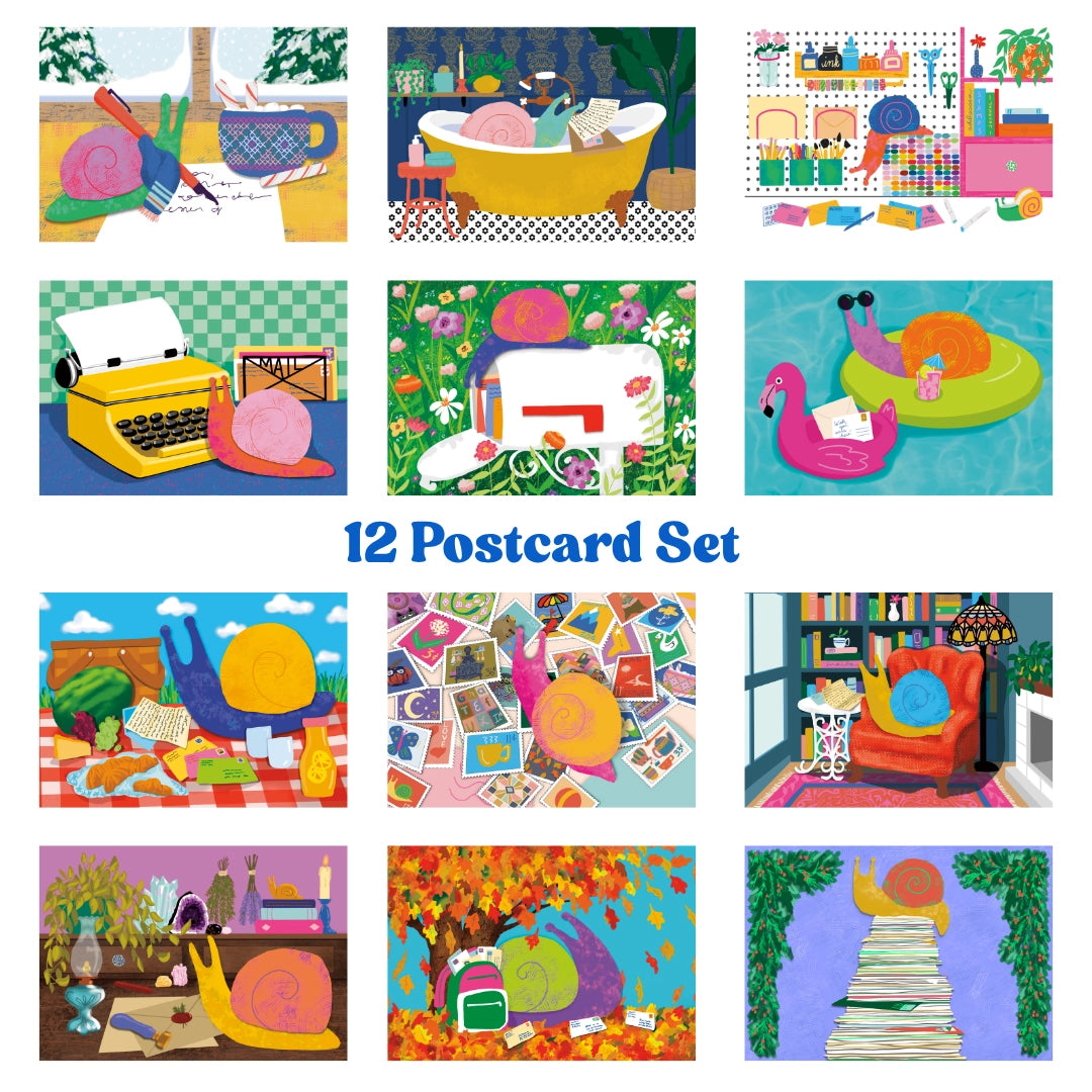 A love letter to snail mail and the joy of sending something real. This 12 postcard set features bright, imaginative illustrations centered around writing, reading, and the magic of meaningful connection.

Details

Set of 12 unique illustrated postcards
Professionally printed on sturdy matte cardstock
Standard postcard size: 4 x 6 inches
Illustrated by AddPeace Studio
Made in the USA