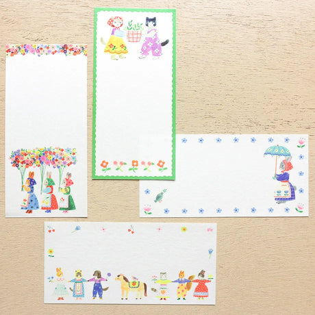 Animals dressed in fashionable clothes and cute flowers are drawn in a one-stroke note by illustrator Aiko Fukawa. Since it uses fluorescent ink, the bright color is cute. Use it to write a small letter or thank you.

It comes in a set of 4 patterns, so you can use it according to your mood and the person you are sending it to.
It is made of Mino washi paper with a pleasant rough texture, and you can also enjoy the unique writing comfort of washi paper.



Mino washi paper&nbsp;
4 patterns, 5 sheets each&nb
