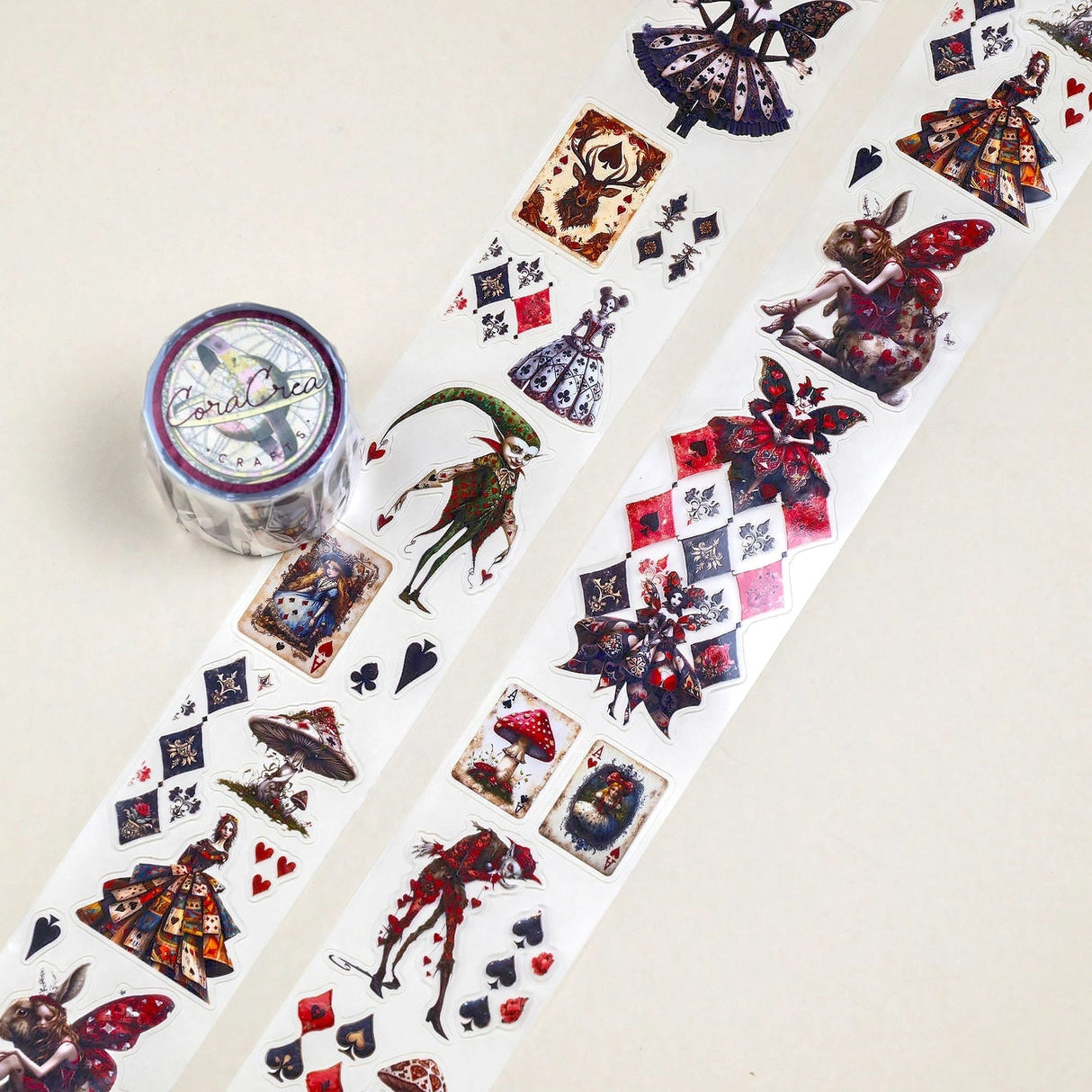 Step into the world of Alice's Wonderland with this unique transparent PET tape by CoraCreaCrafts. Designed with an intricate mix of dark Wonderland-inspired stickers and vintage Queen of Hearts styles. This tape is 5cm wide with a 100cm repeat loop making it 5m long, precut designs (like stickers), showcasing a variety of detailed designs.
The glossy finish adds a sophisticated shine, making it perfect for adding a touch of moody charm to your creative projects.