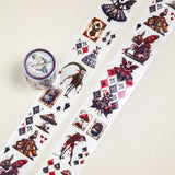 Step into the world of Alice's Wonderland with this unique transparent PET tape by CoraCreaCrafts. Designed with an intricate mix of dark Wonderland-inspired stickers and vintage Queen of Hearts styles. This tape is 5cm wide with a 100cm repeat loop making it 5m long, precut designs (like stickers), showcasing a variety of detailed designs.
The glossy finish adds a sophisticated shine, making it perfect for adding a touch of moody charm to your creative projects.