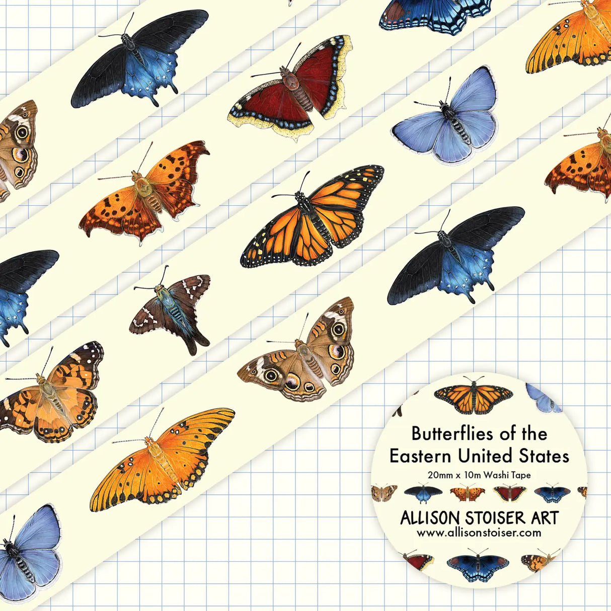 This washi tape features my illustrations of butterflies native to the eastern United States, including the monarch, spring azure, gulf fritillary, the common buckeye, the American painted lady, the mourning cloak, the long-tailed skipper, the ruddy daggerwing, the red-spotted purple, and the pipevine swallowtail.