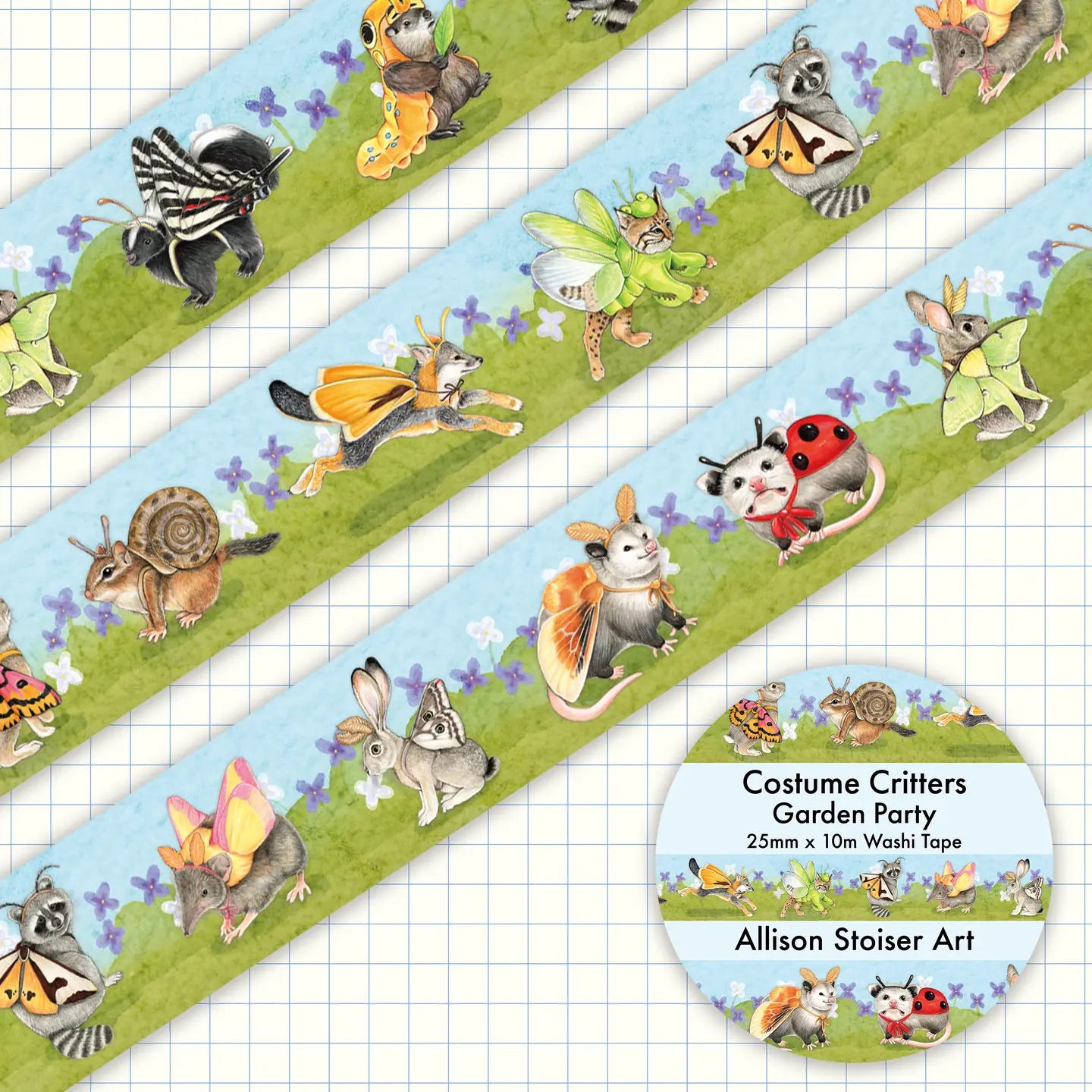 All of the woodland critters have gathered in their finest insect costumes for a frolic in the spring flowers! This washi tape features my illustrations of critters dressed up in moth, ladybug, caterpillar, snail, and butterfly costumes—including rabbits, chipmunk, skunk, groundhog, raccoons, opossums, gray fox, shrew, and bobcat.