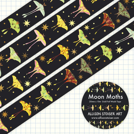 This gold foil washi tape features my illustrations of a selection of moon moths from around the world, including the celestial moon moth, the Spanish moon moth, the comet moth, the pink spirit moth, the luna moth, the South China moon moth, the African moon moth, the Sulawesi moon moth, the Indian moon moth, and the Chinese moon moth.