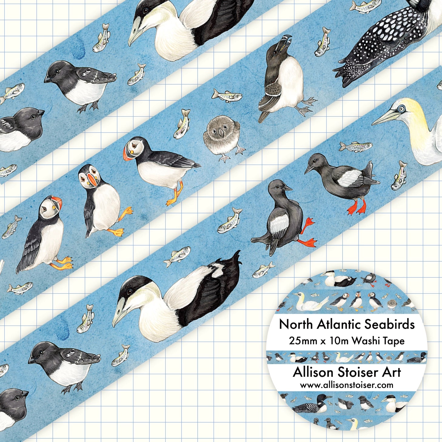 This washi tape features a series of my illustrations of birds of the North Atlantic, including the razorbill, Atlantic puffin chicks, Wilson's storm petrel, the double-crested cormorant, Atlantic puffins, the common eider, the common loon, the Northern gannet, the dovekie, the common tern and chick, and the black guillemot.
